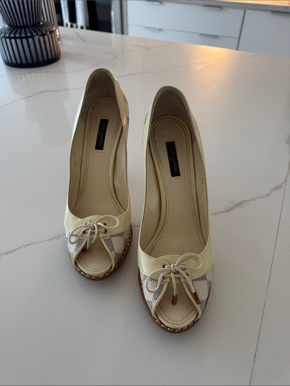 Louis Vuitton Cream Open-Toe Wedge Pumps with Monogram Trim